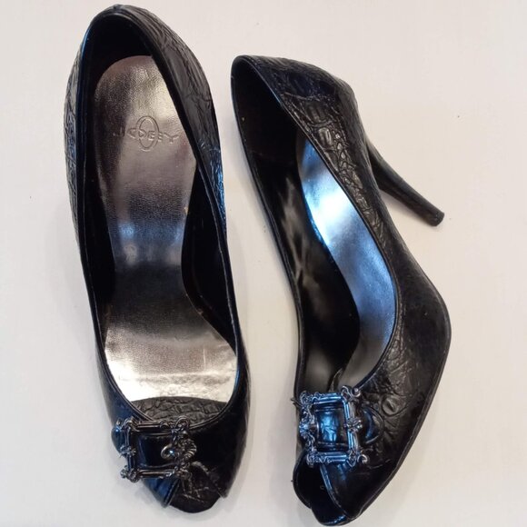 Joey O Black Stilettos Moc Croc Buckle Peep Toes size 8 silver insoles 4" Heels - Picture 2 of 8